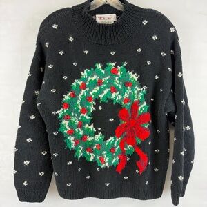Talbots Vintage Hand Knit Christmas Sweater Wreath Beaded Holiday Black Size M